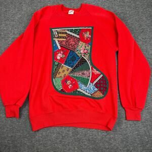 Vintage 90s Jerzees Patchwork Ugly Christmas Sweater Stocking Red XL Holiday